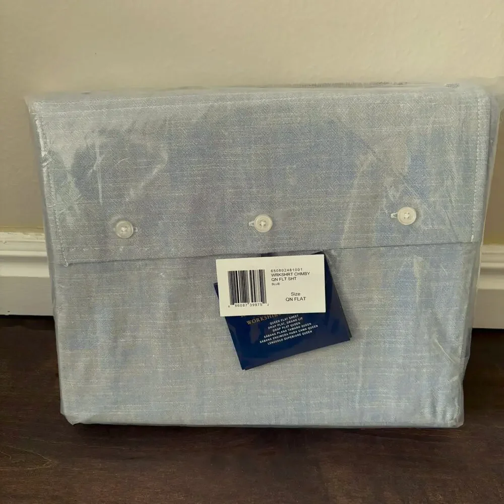 Ralph Lauren Queen Flat Sheet Cotton Workshirt Chambray Home Bedding Preppy NEW